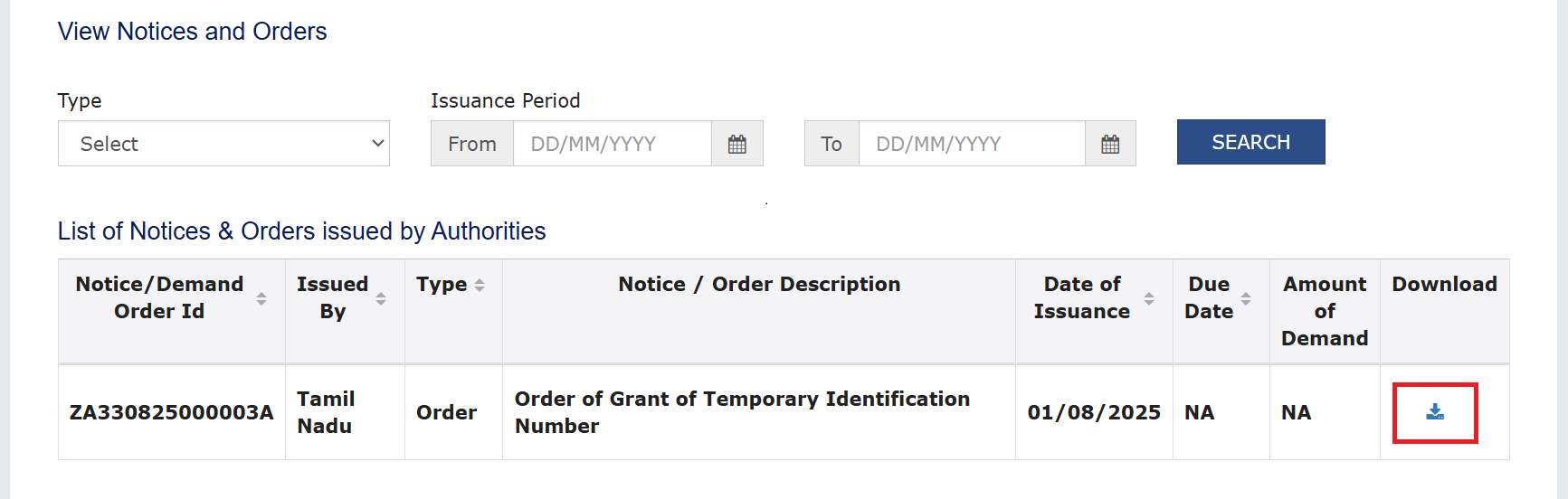 View Notices and Demand Orders